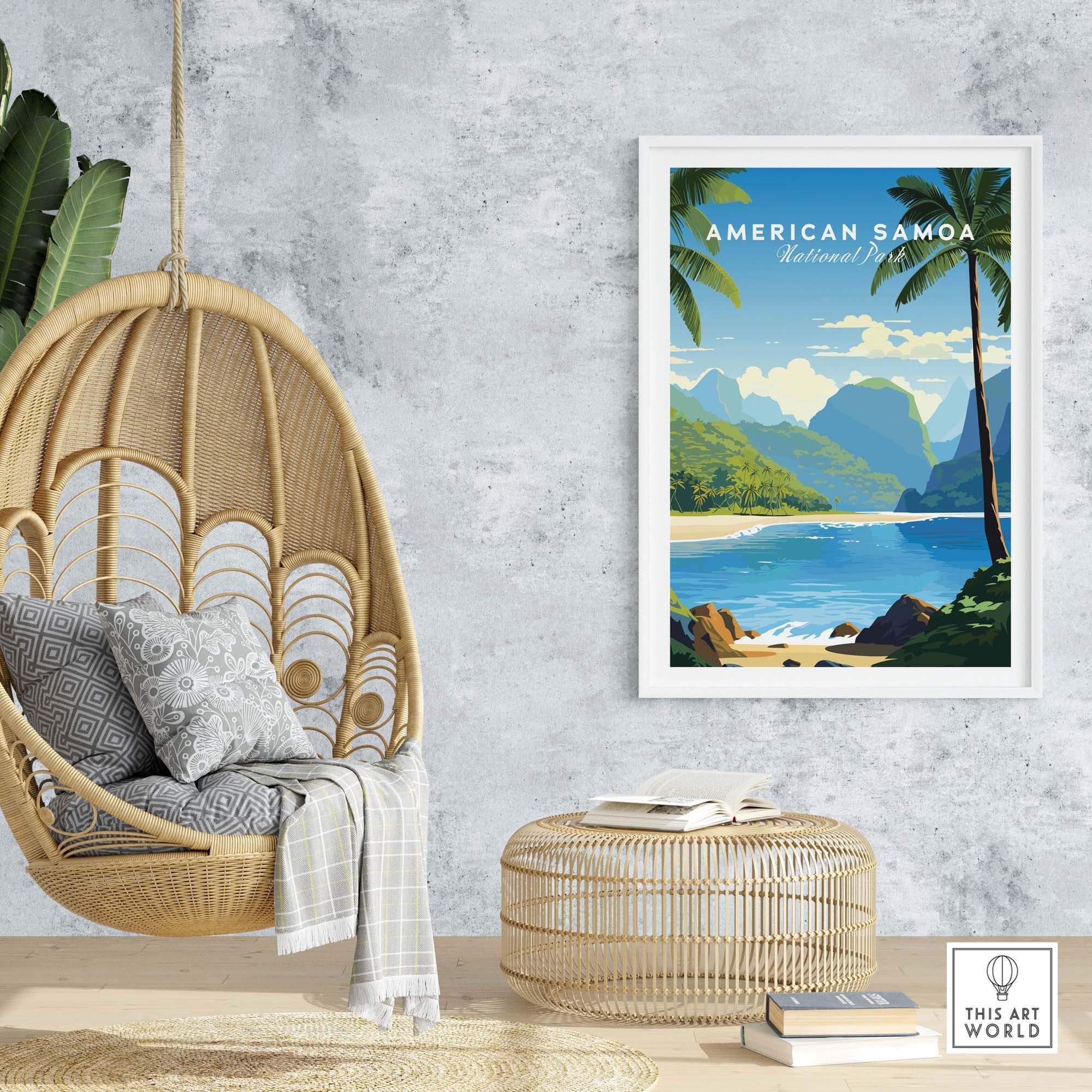 American Samoa National Park travel poster with tropical beach, palm trees, and mountains in modern living room decor.