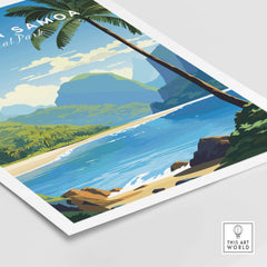 American Samoa National Park poster featuring tropical beach, ocean, palm trees, and mountains
