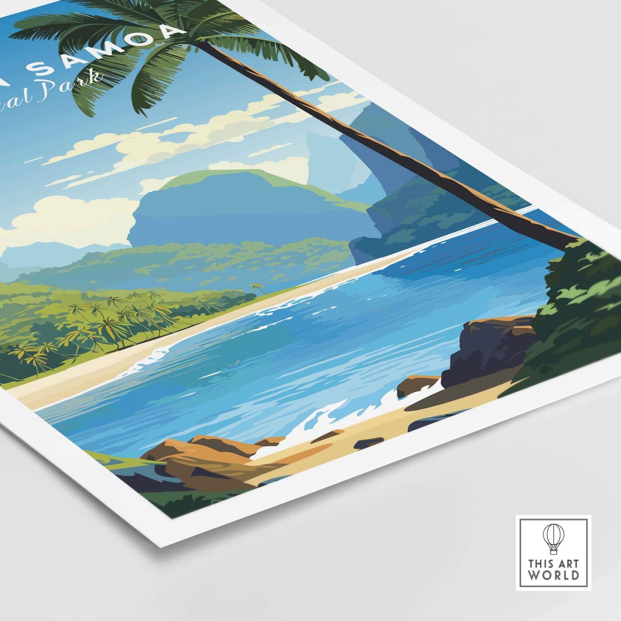 American Samoa National Park poster featuring tropical beach, ocean, palm trees, and mountains