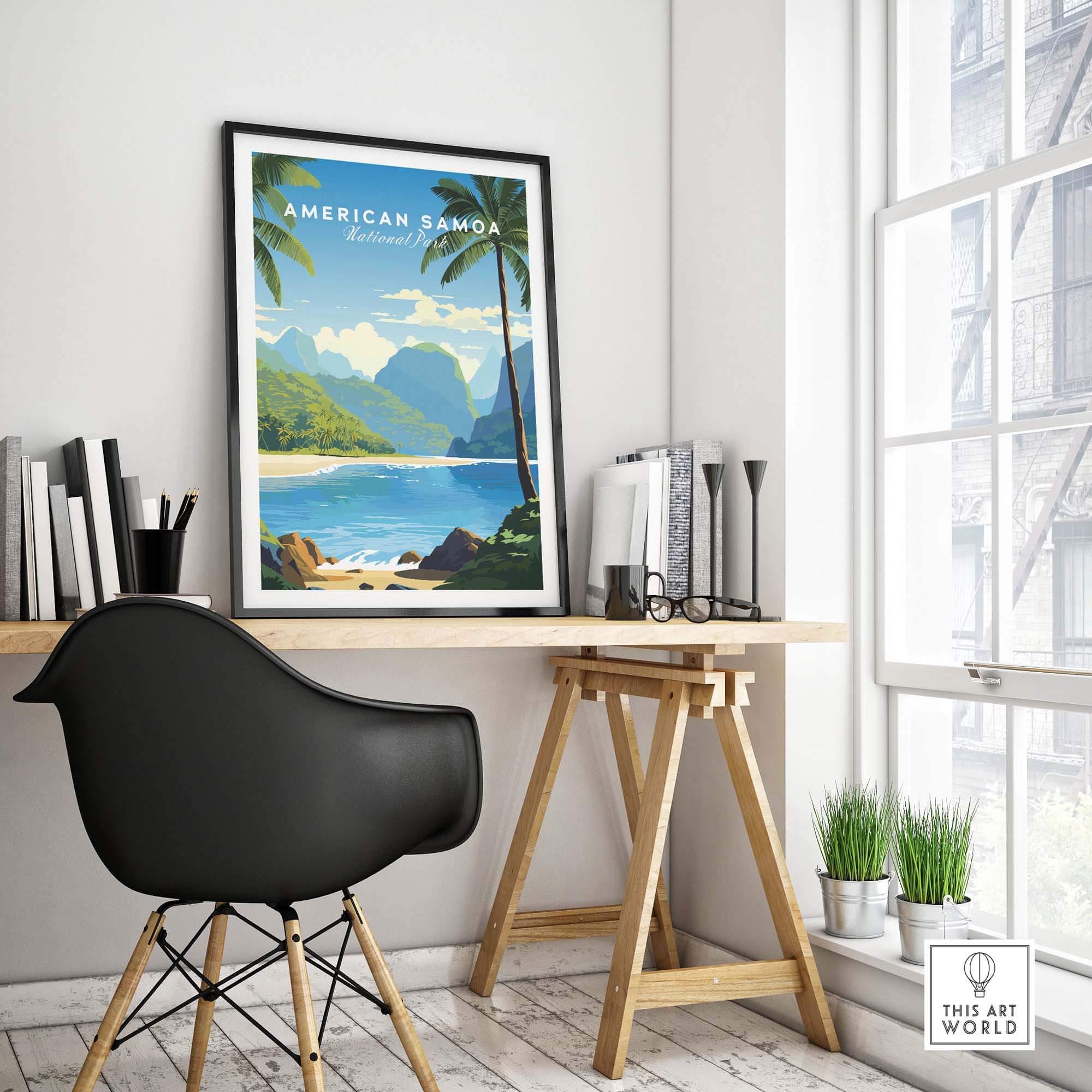 American Samoa National Park poster with tropical beach and mountains, displayed in modern home office decor.