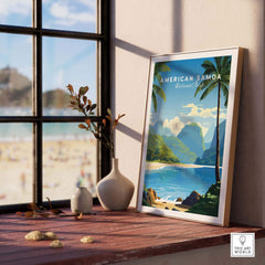 American Samoa National Park travel poster with tropical beach, palm trees, and blue ocean decor
