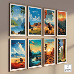 Framed national park posters, including American Samoa, on a wall for home decor
