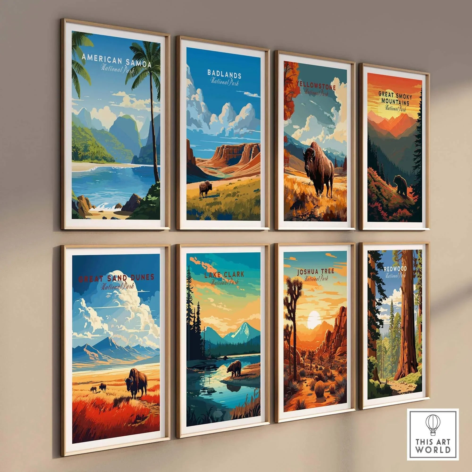 Framed national park posters, including American Samoa, on a wall for home decor