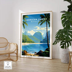 American Samoa National Park travel poster with tropical beach, ocean, palm trees, and mountains