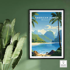 American Samoa National Park poster featuring a tropical beach, palm trees, mountains, and ocean.