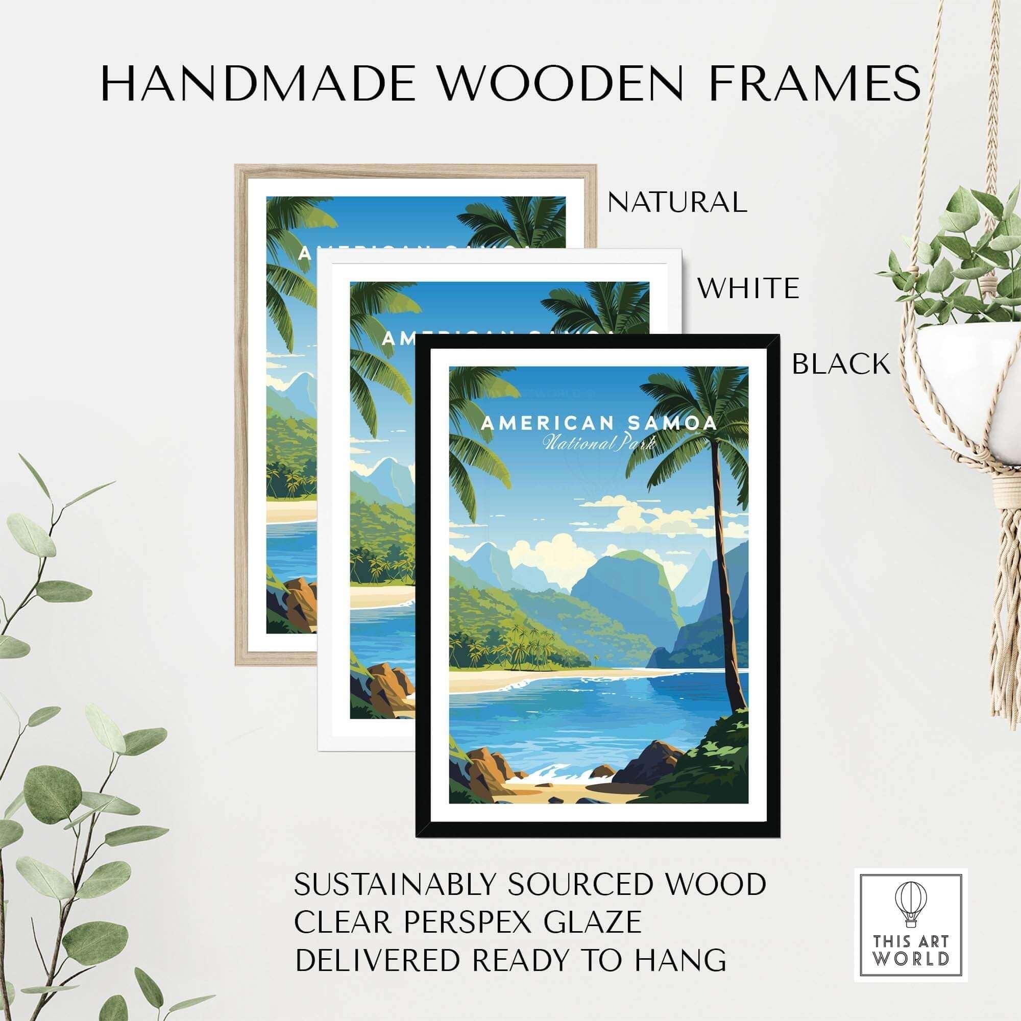 American Samoa National Park poster in natural, white, and black wooden frames with tropical landscape.