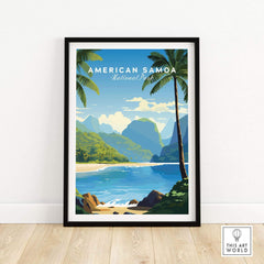 American Samoa National Park poster featuring tropical beach, palm trees, and mountains.