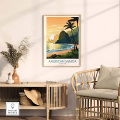 American Samoa National Park travel poster with tropical beach and palm trees, home decor wall art