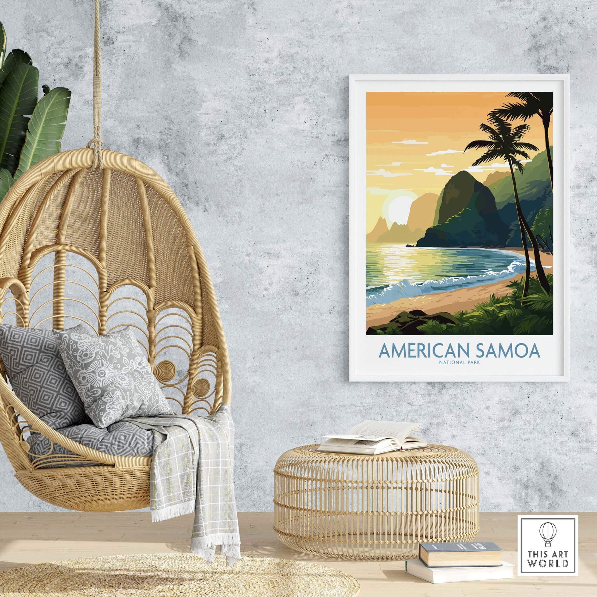 American Samoa National Park travel poster with sunset beach, palm trees, and ocean view on wall.