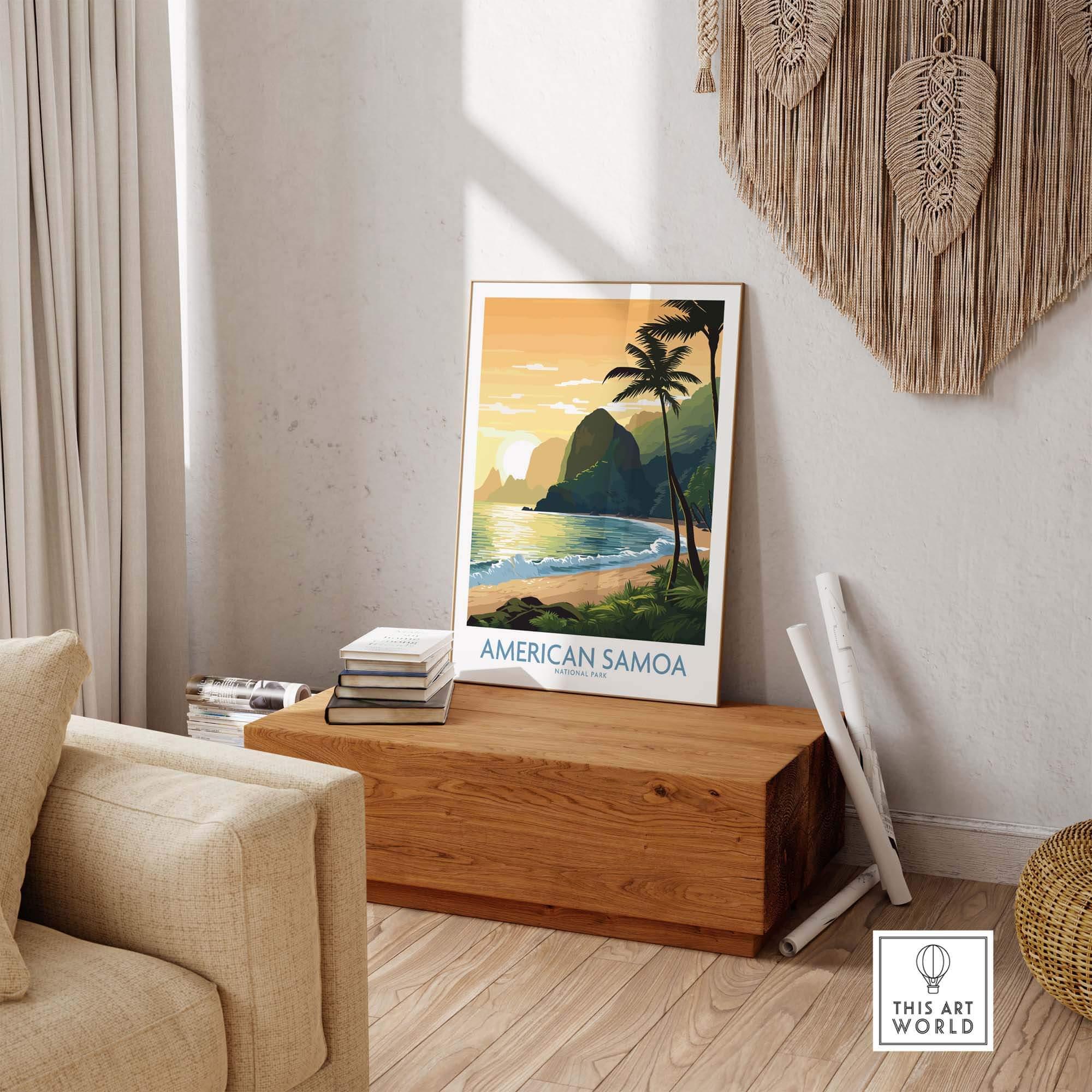 American Samoa National Park travel poster with coastal landscape, palm trees, and sunrise.