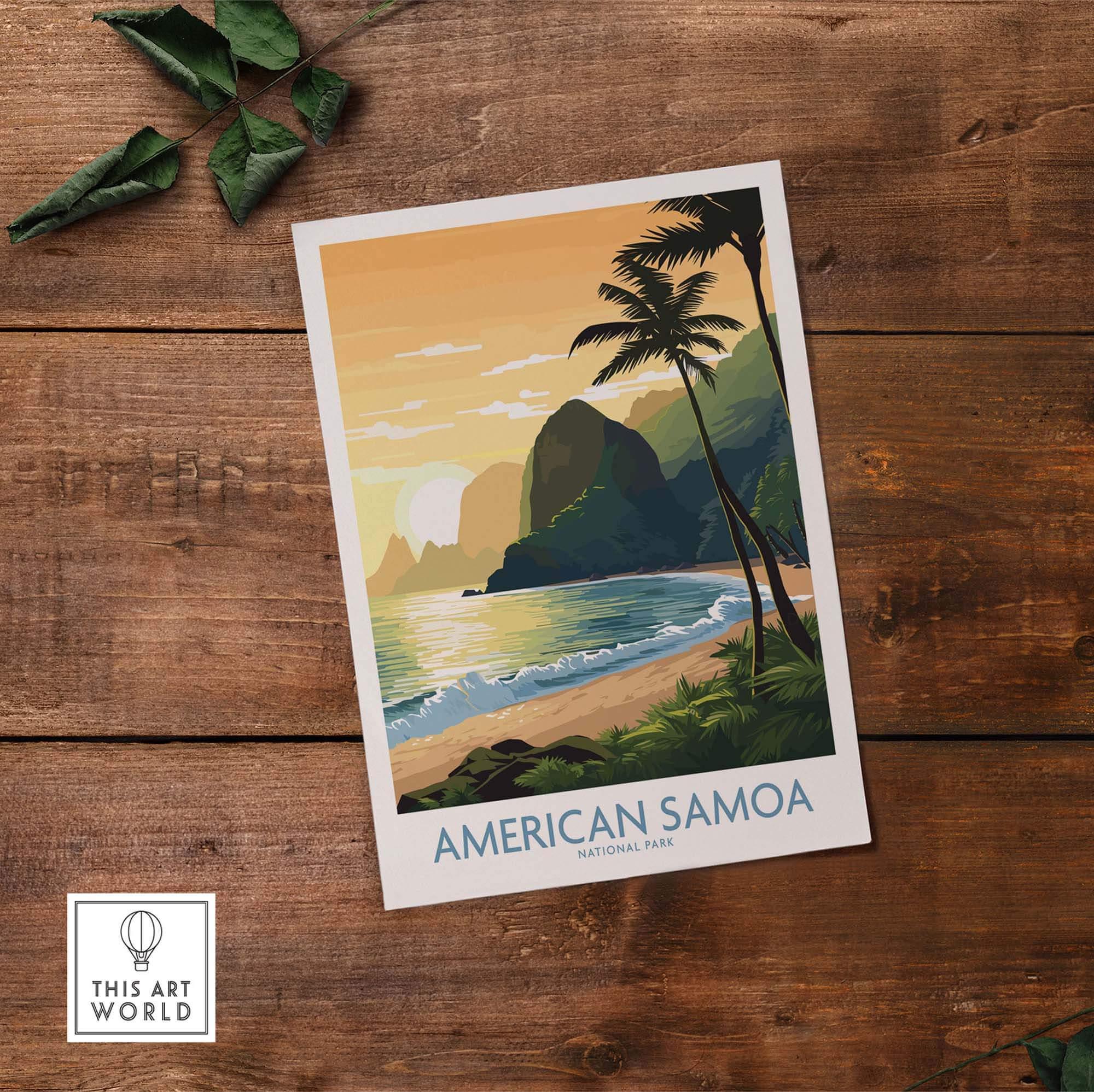 American Samoa National Park travel poster featuring palm trees, beach, ocean, and mountains at sunset