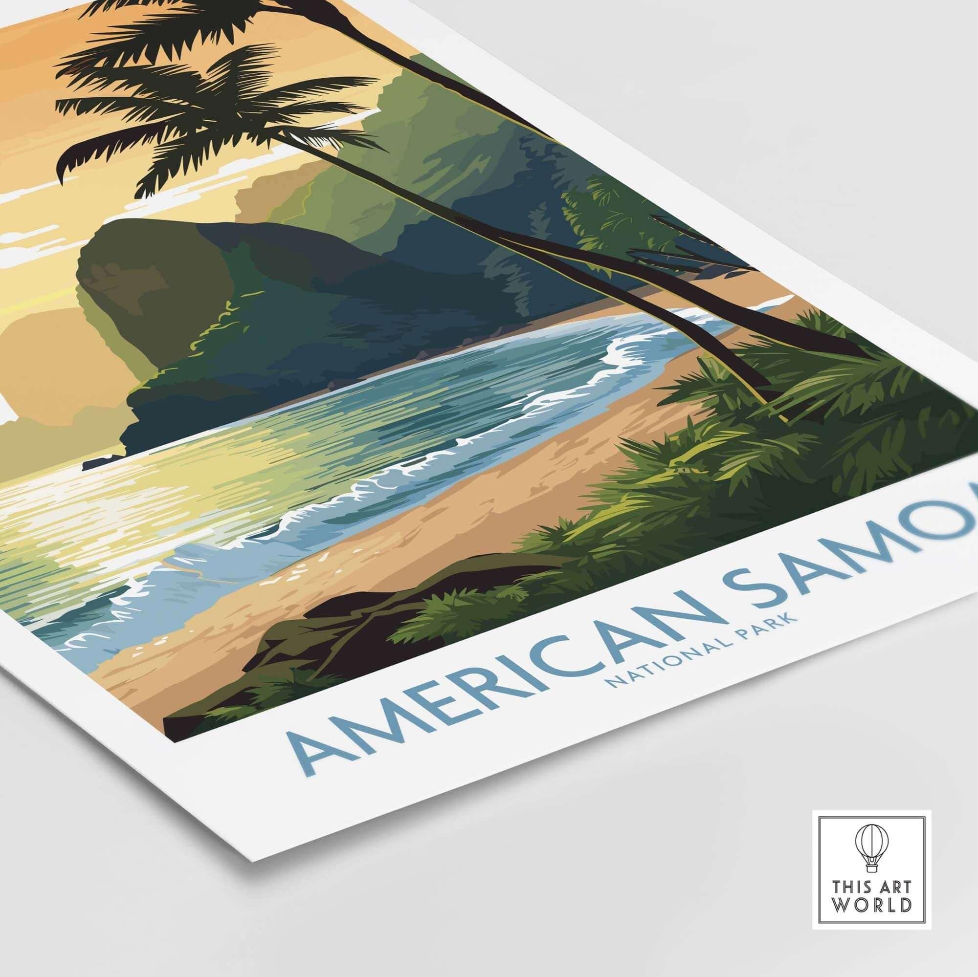American Samoa National Park poster with tropical beach, palm trees, and lush mountains.