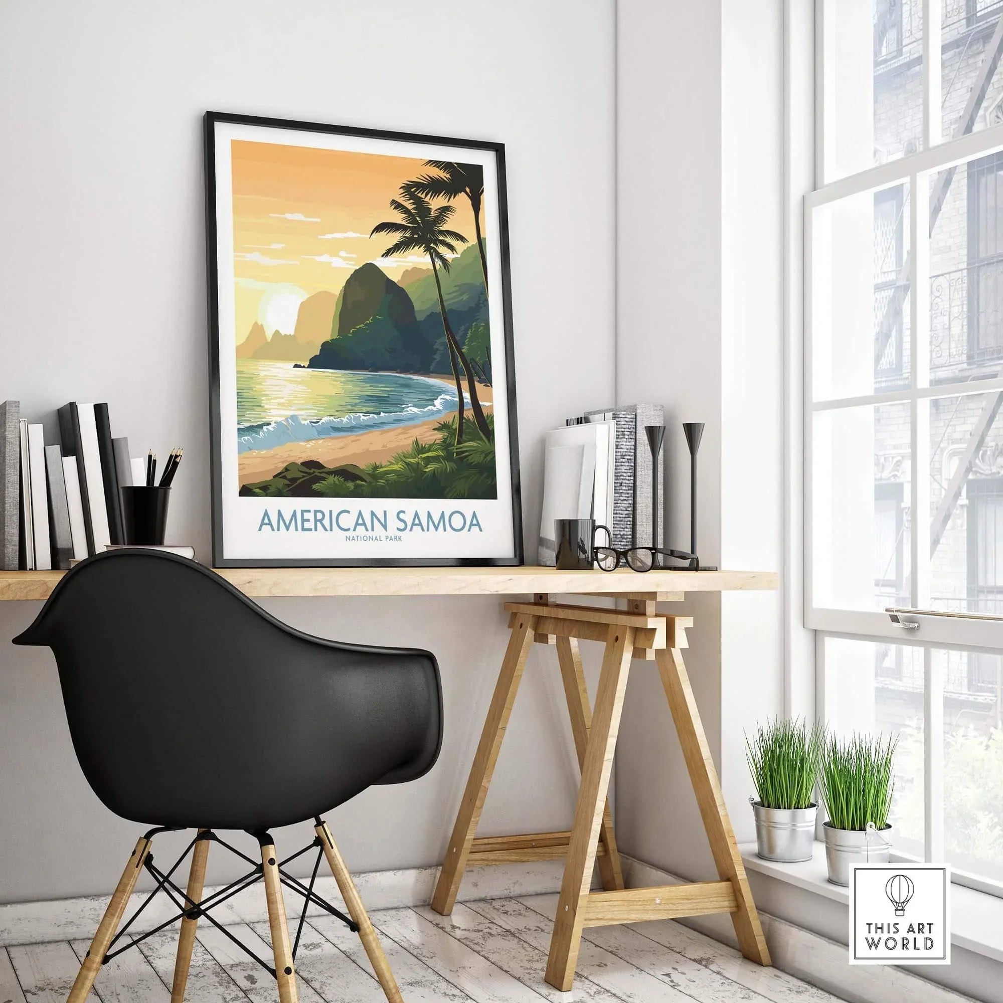 American Samoa National Park travel poster with tropical beach and palm trees, modern home decor