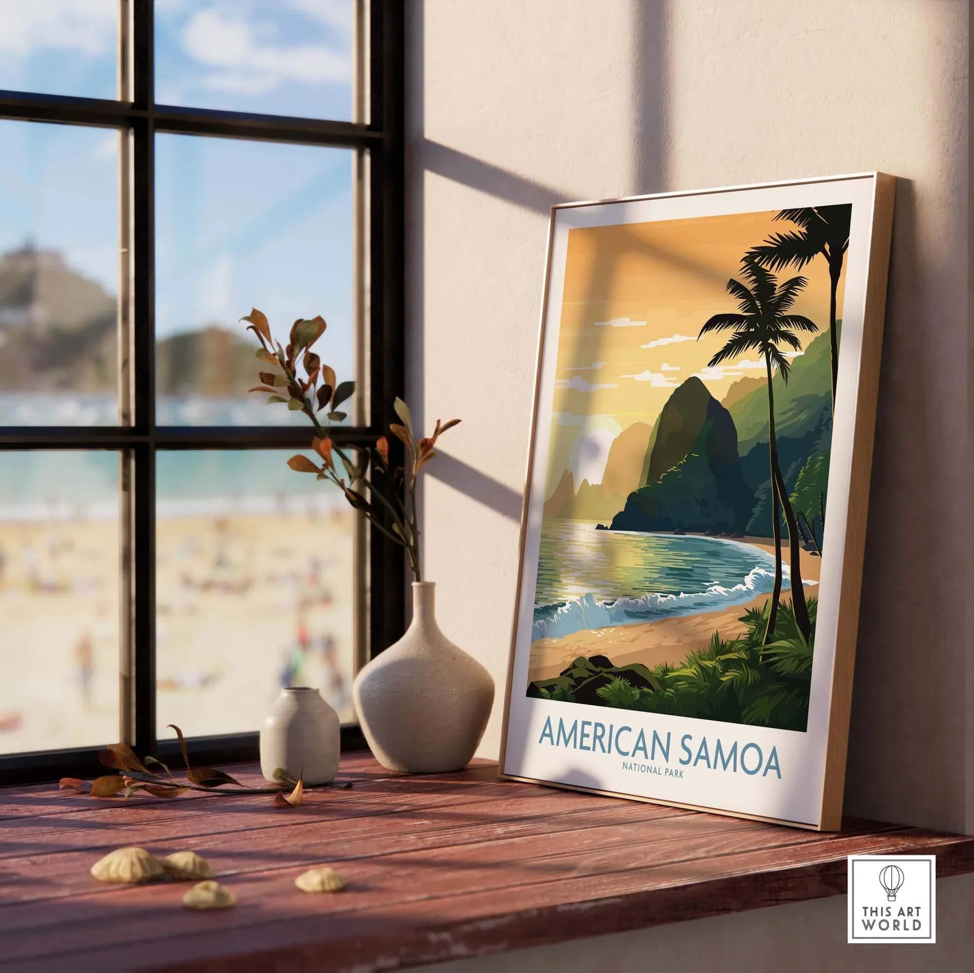 American Samoa National Park travel poster with tropical beach, palm trees, and mountains.