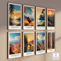 Wall display of colorful national park travel posters, including American Samoa, with scenic landscapes and wildlife art.