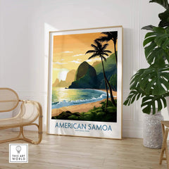 American Samoa National Park travel poster with beach, palm trees, and tropical mountains, styled wall art