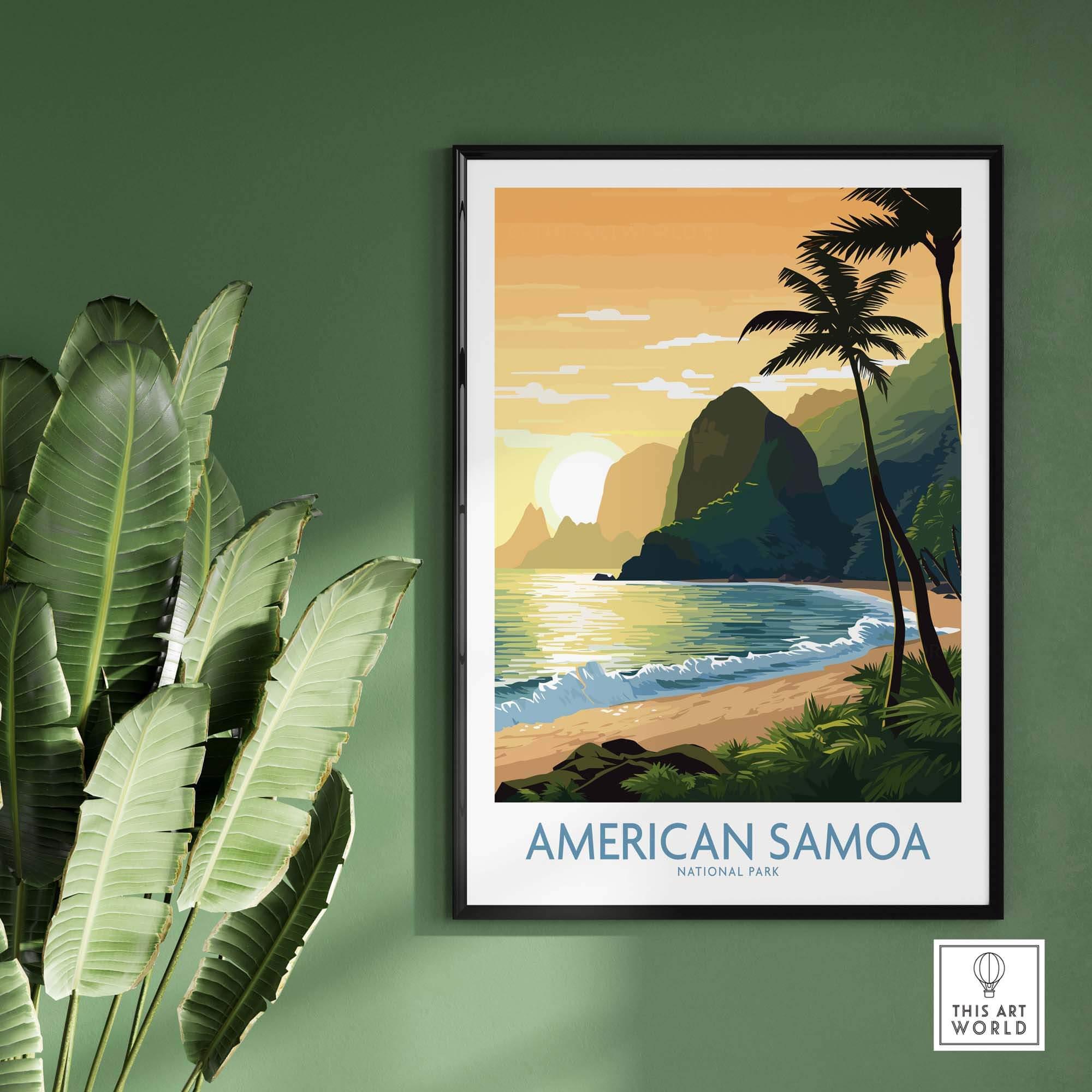 American Samoa National Park travel poster with palm trees, beach, and ocean at sunset
