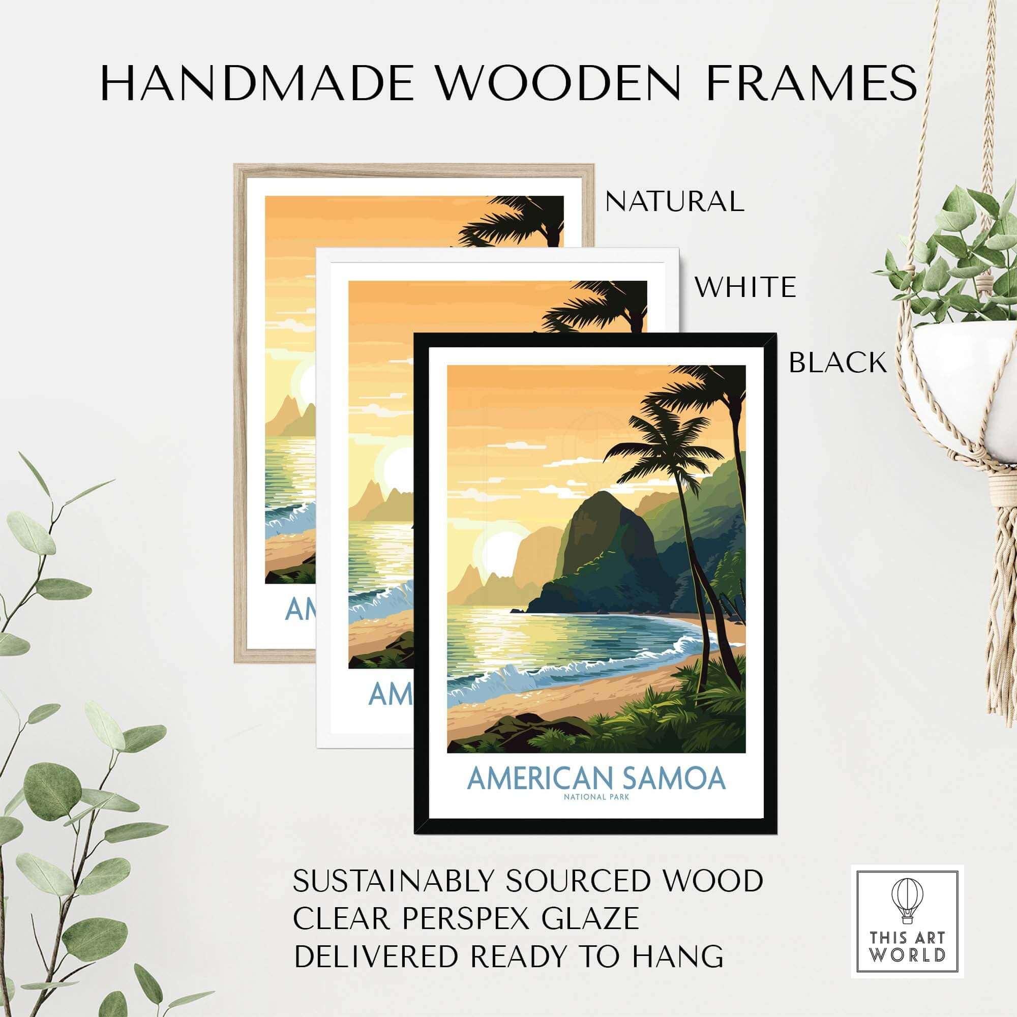American Samoa National Park poster with tropical beach art in natural, white, and black handmade wooden frames.