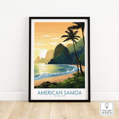 American Samoa National Park travel poster with tropical beach, palm trees, and mountain sunset.