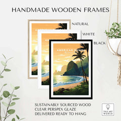 American Samoa travel poster print with sunset beach scene in natural, white, and black handmade wooden frames