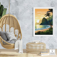 Framed American Samoa National Park beach print in cozy boho living room decor setting