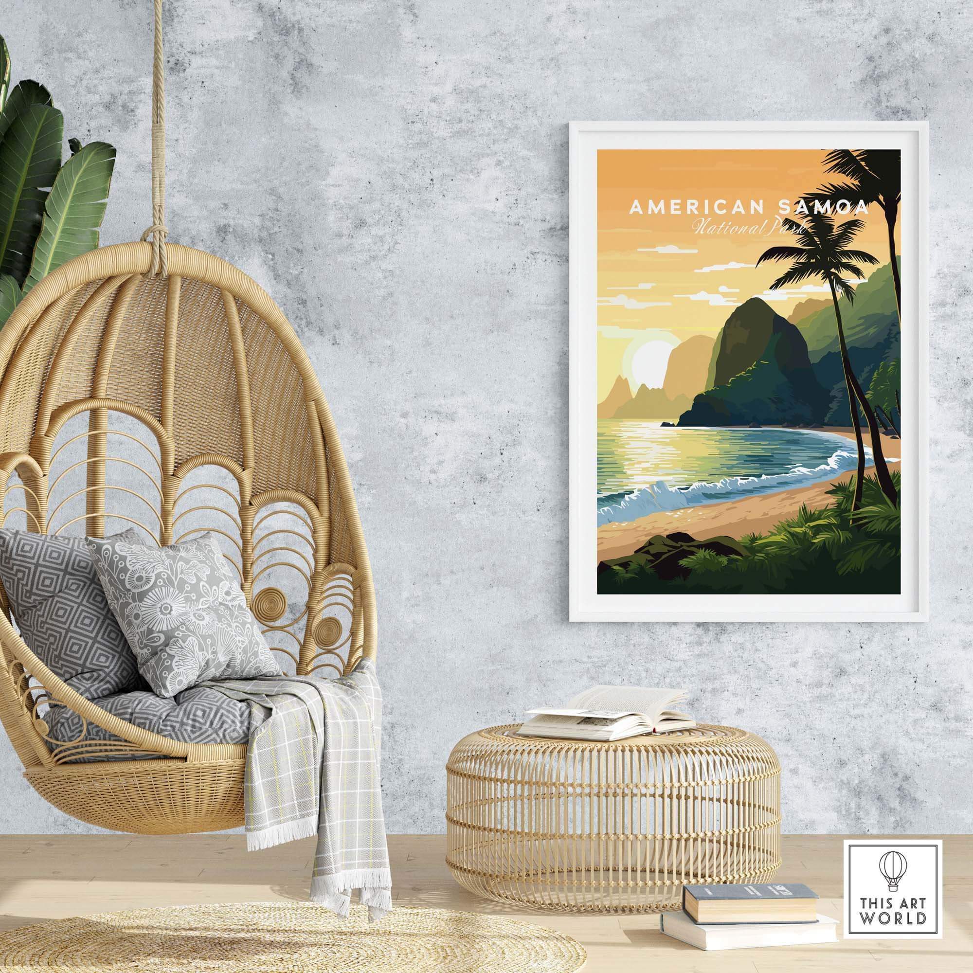Framed American Samoa National Park beach print in cozy boho living room decor setting