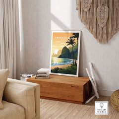 American Samoa National Park travel poster with tropical beach, palms, and mountains in modern living room.