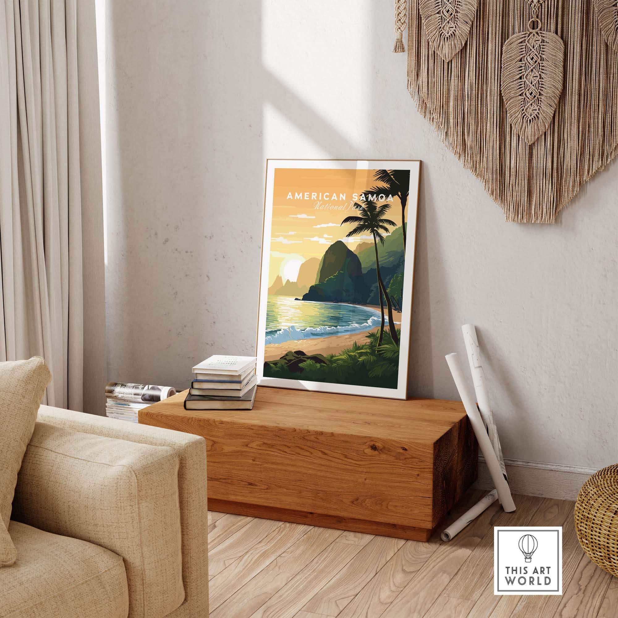 American Samoa National Park travel poster with tropical beach, palms, and mountains in modern living room.
