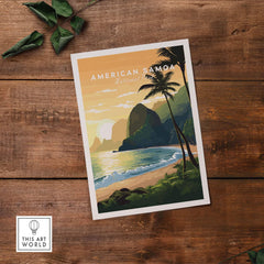 American Samoa National Park travel poster with tropical beach, palm trees, and mountains at sunset