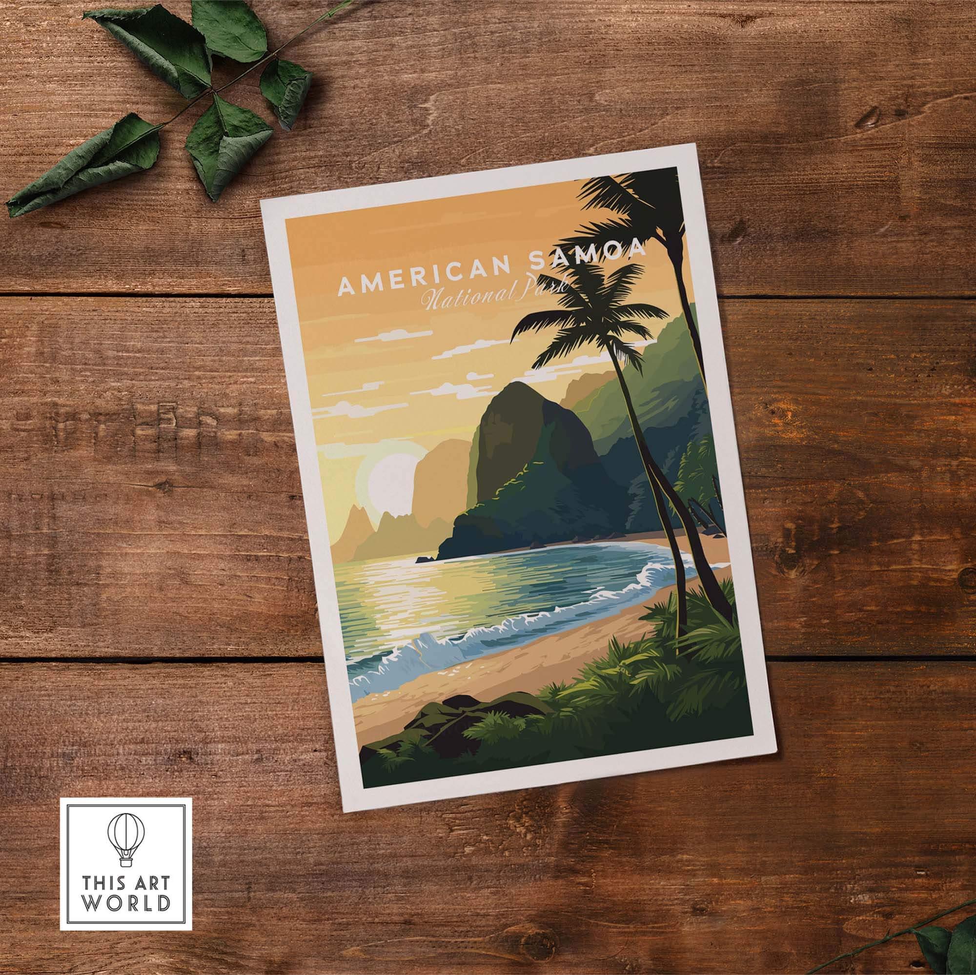 American Samoa National Park travel poster with tropical beach, palm trees, and mountains at sunset