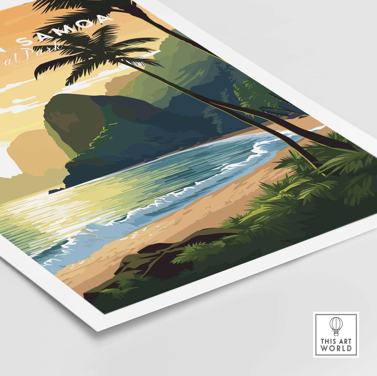 American Samoa travel poster print with tropical beach, palm trees, and ocean sunset.