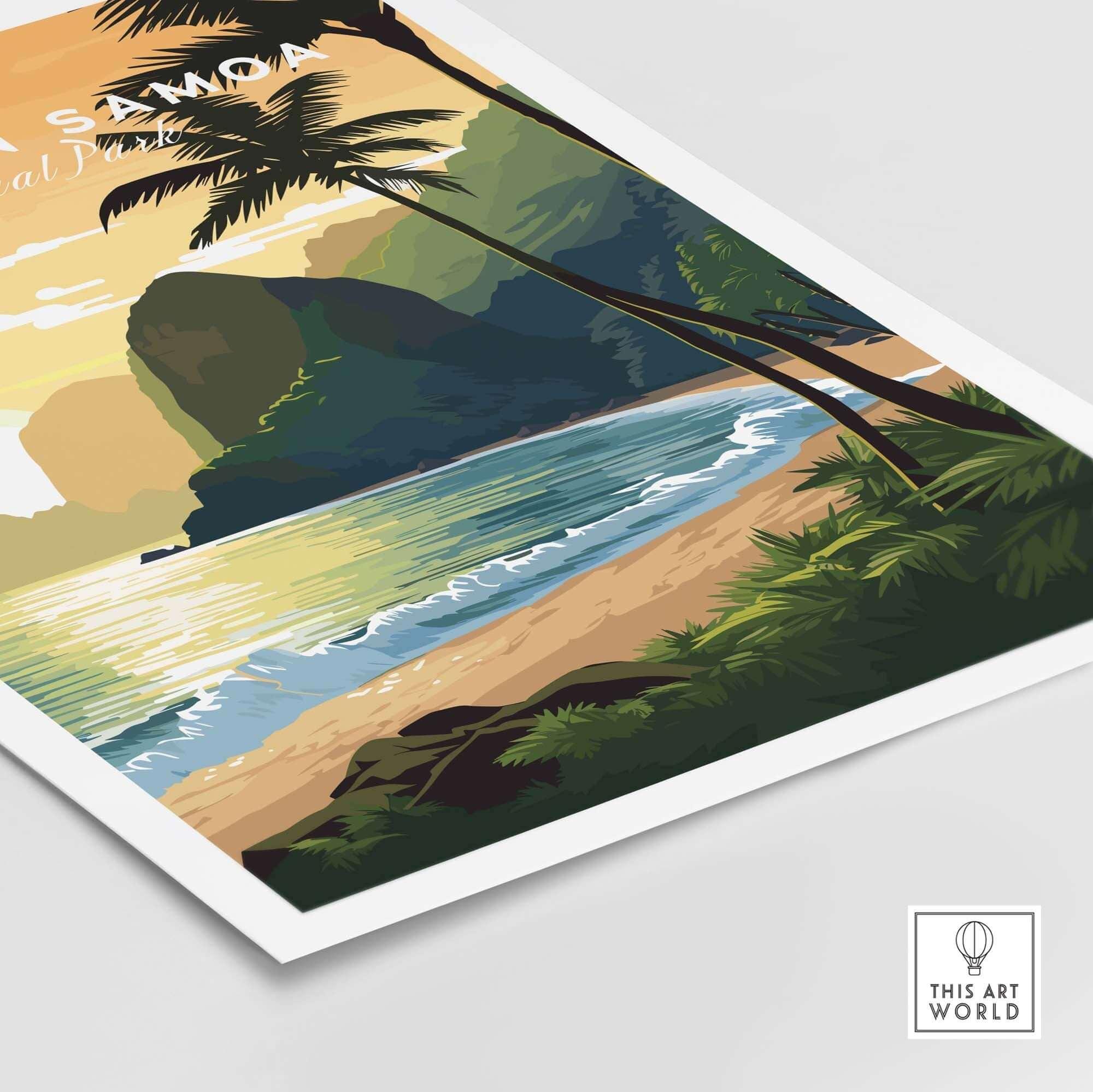American Samoa travel poster print with tropical beach, palm trees, and ocean sunset.