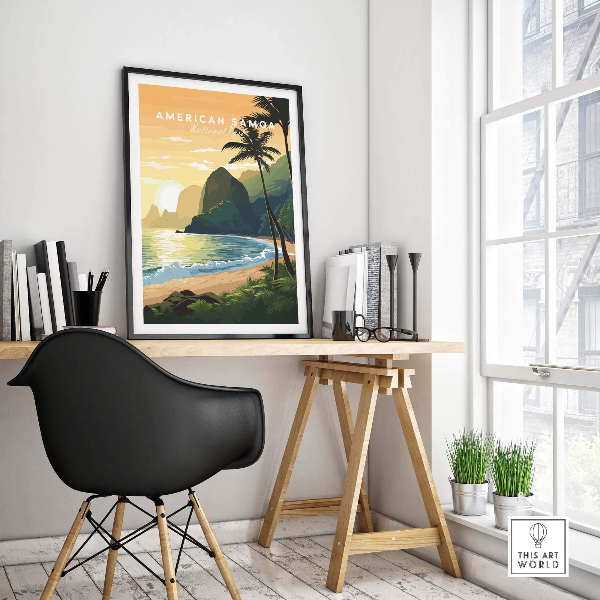 American Samoa National Park travel poster print framed on a modern home office desk