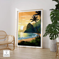 American Samoa National Park travel poster with tropical beach, palm trees, and mountains in a modern living room decor setting.