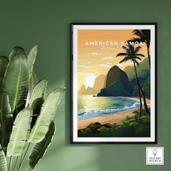 American Samoa National Park travel poster with tropical beach, palm trees, and ocean sunset.