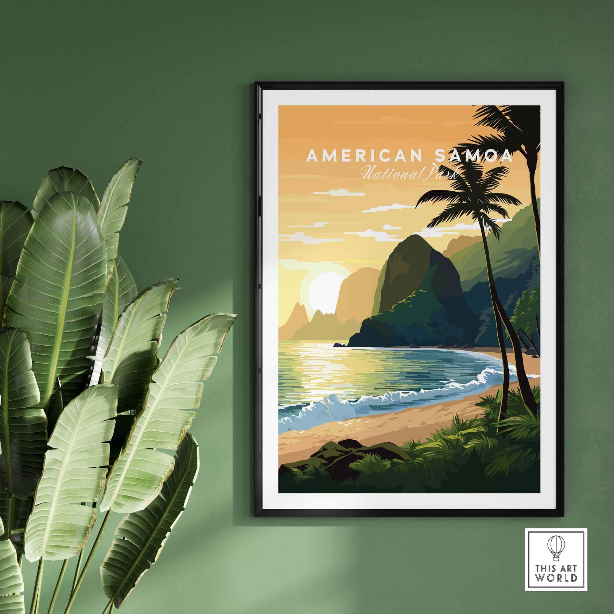 American Samoa National Park travel poster with tropical beach, palm trees, and ocean sunset.