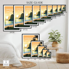 American Samoa travel poster print in various sizes, featuring a tropical beach sunset and palm trees, wall art size guide.