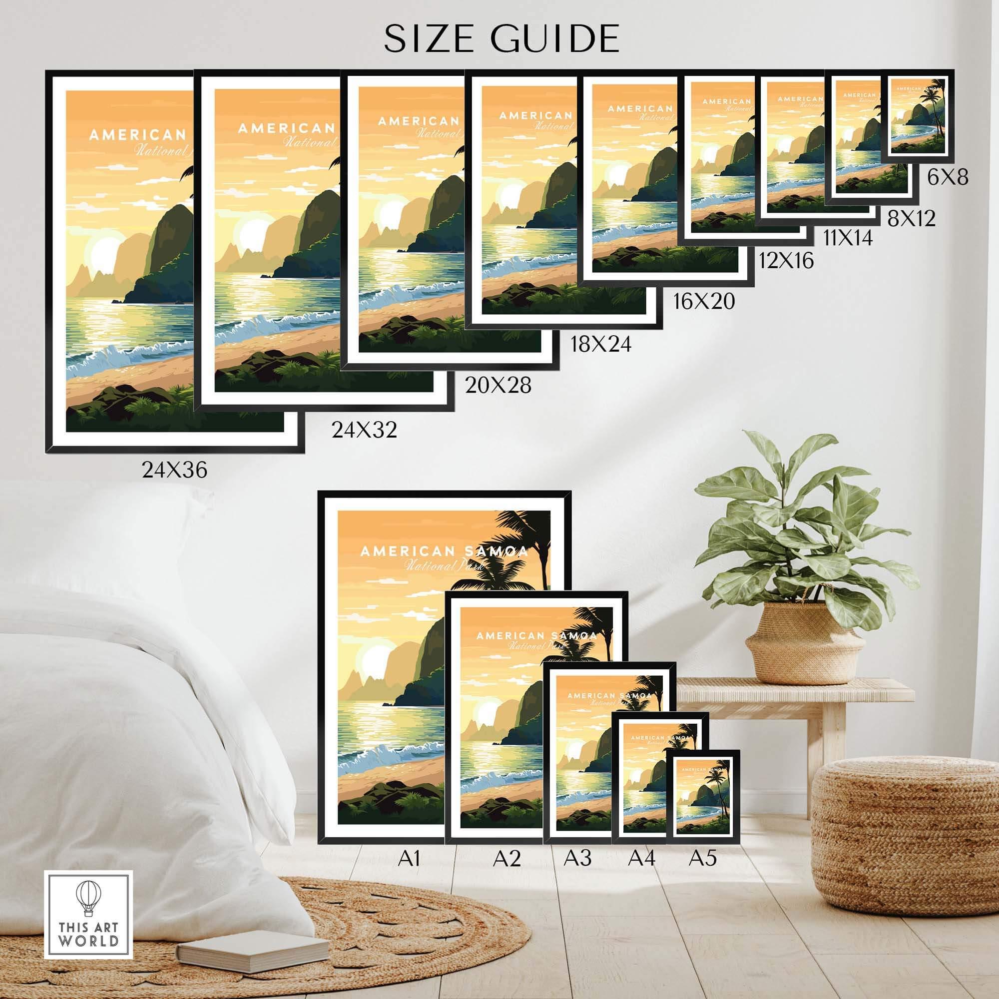 American Samoa travel poster print in various sizes, featuring a tropical beach sunset and palm trees, wall art size guide.