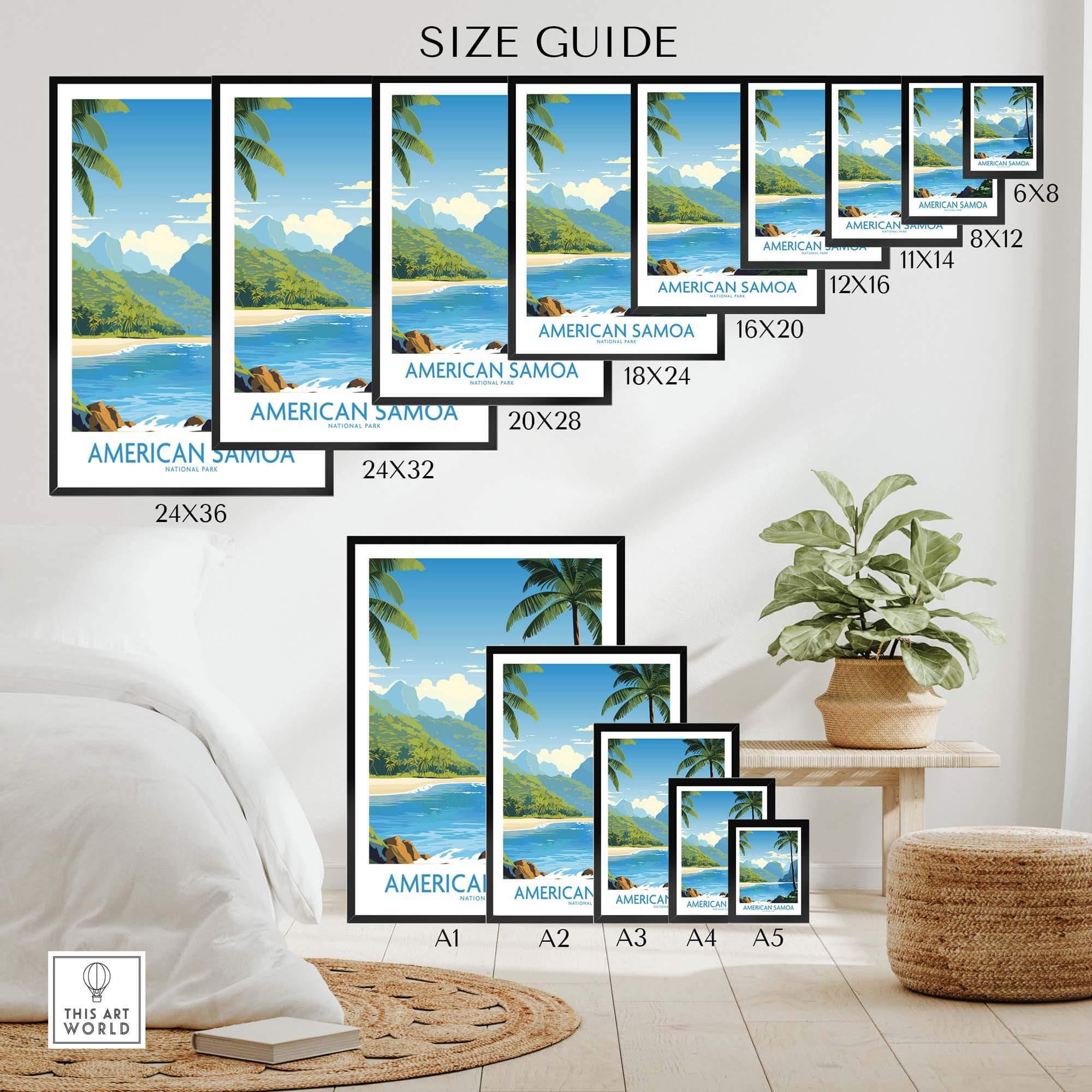 American Samoa National Park poster size guide with tropical landscape art prints in various dimensions, featuring mountains, ocean, and palm trees.