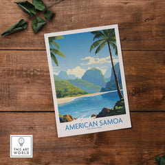 American Samoa National Park poster print with tropical beach, palm trees, and mountains