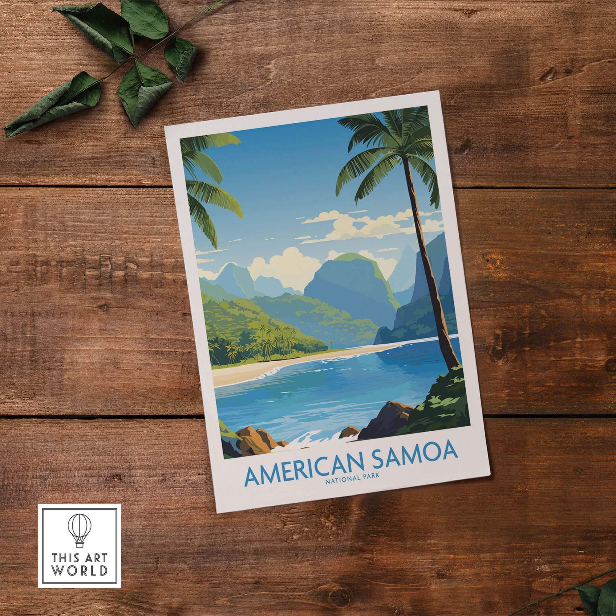 American Samoa National Park poster print with tropical beach, palm trees, and mountains