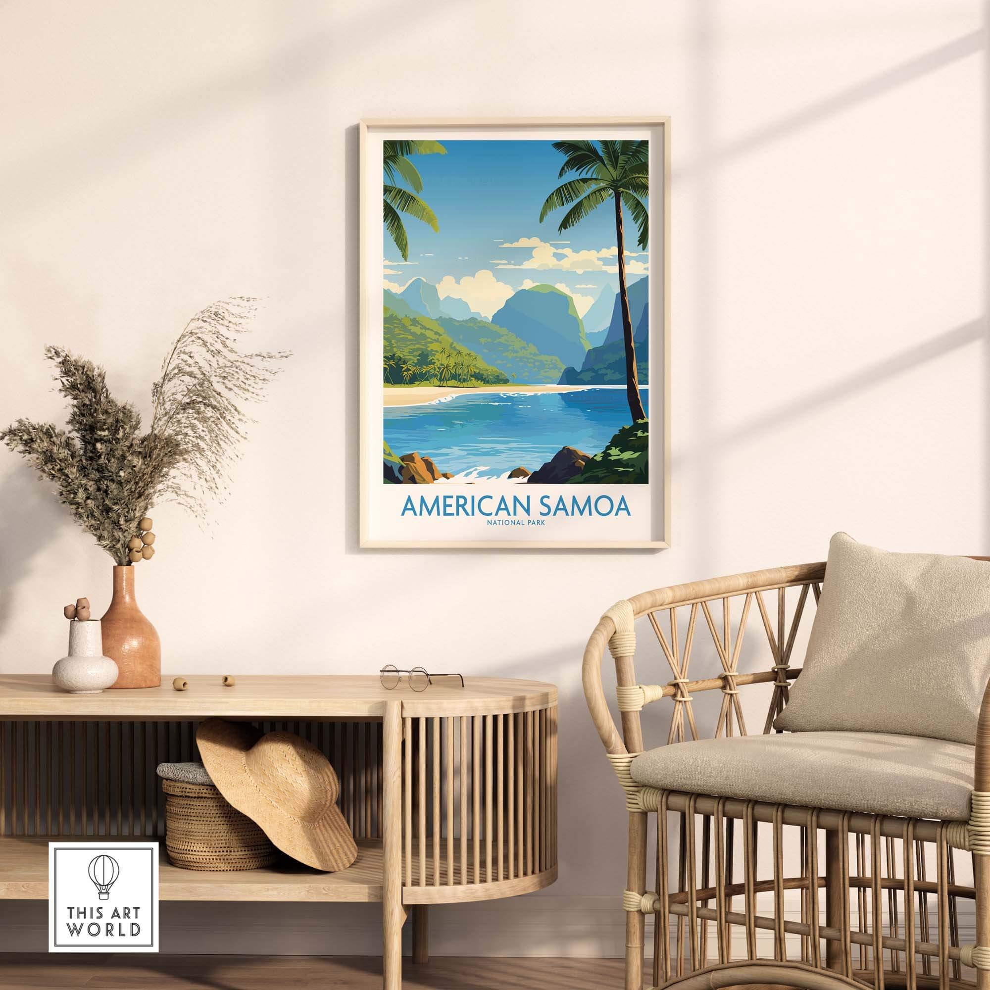American Samoa National Park print featuring tropical landscape with palm trees and ocean, styled in modern home decor.