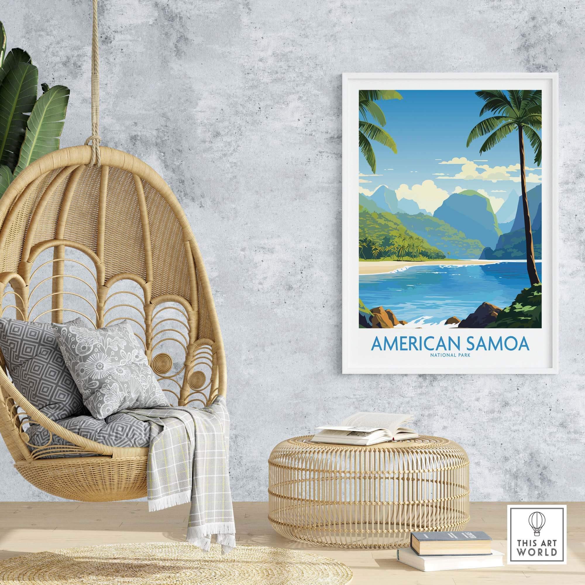 American Samoa National Park poster with tropical beach and mountains in modern home decor setting.