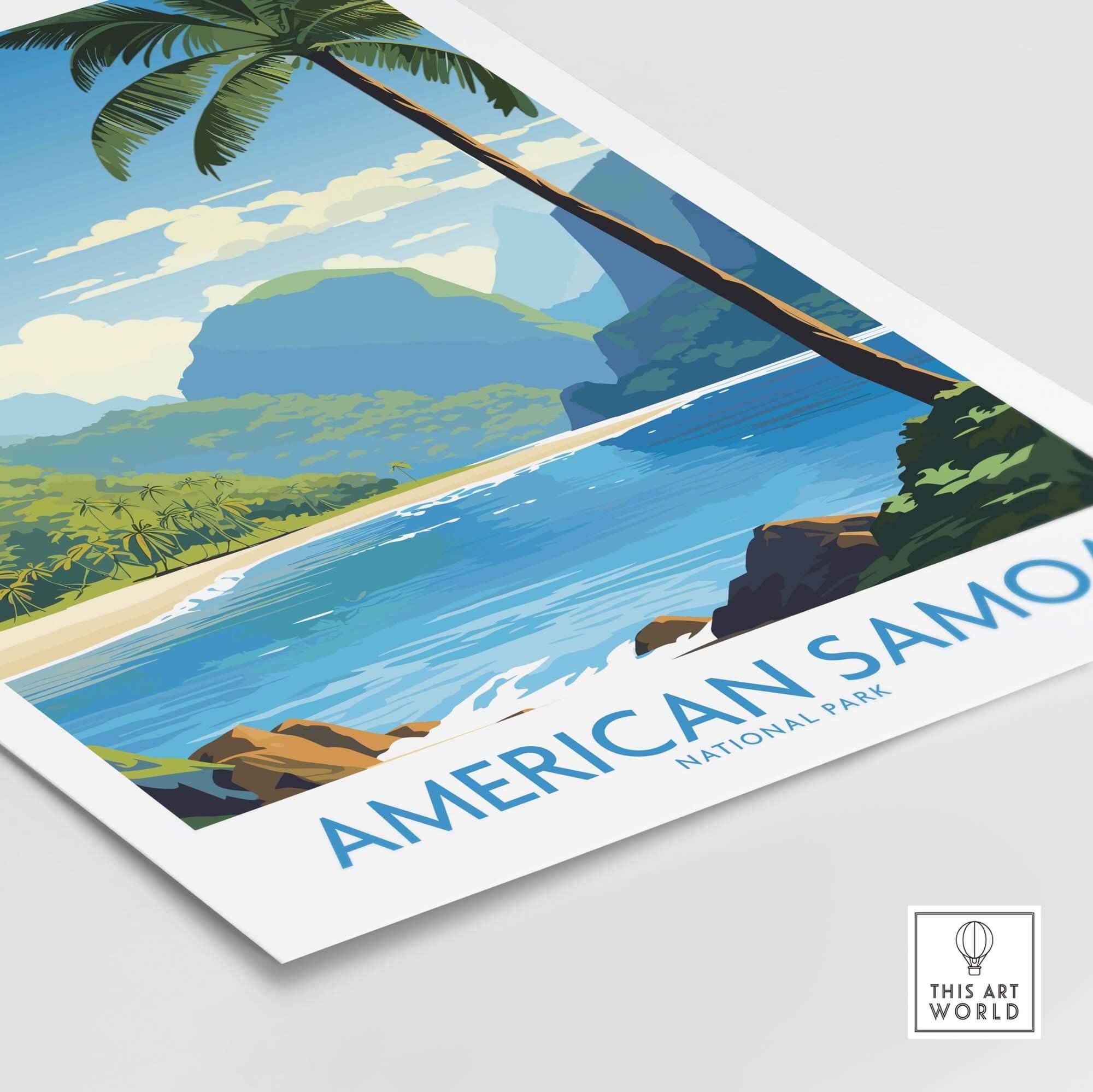 American Samoa National Park print with tropical beach, ocean, palm tree, and green mountains