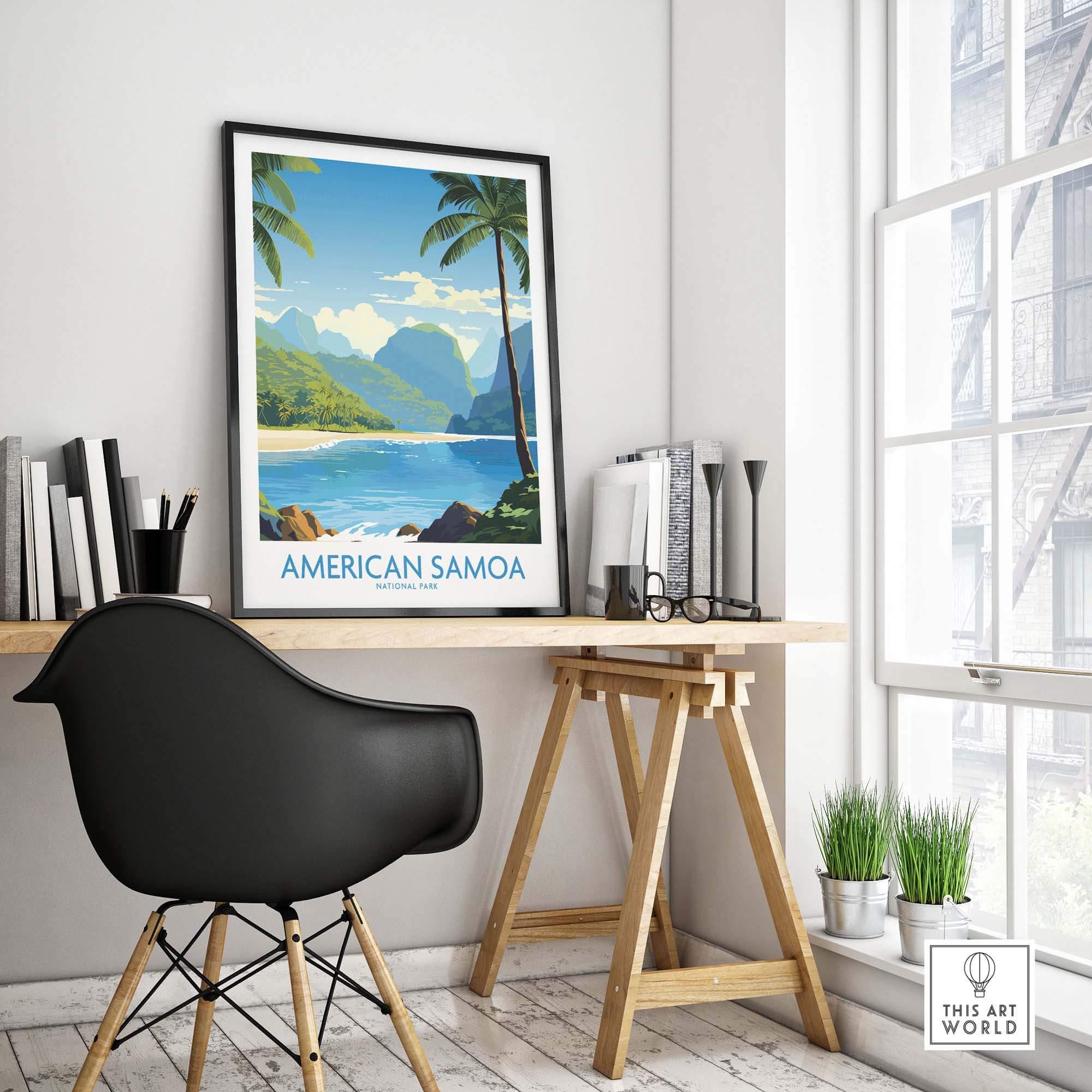 American Samoa National Park print with tropical beach and mountains, displayed in modern home office