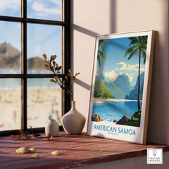 American Samoa National Park travel poster with tropical beach, palm trees, and mountains on a windowsill.