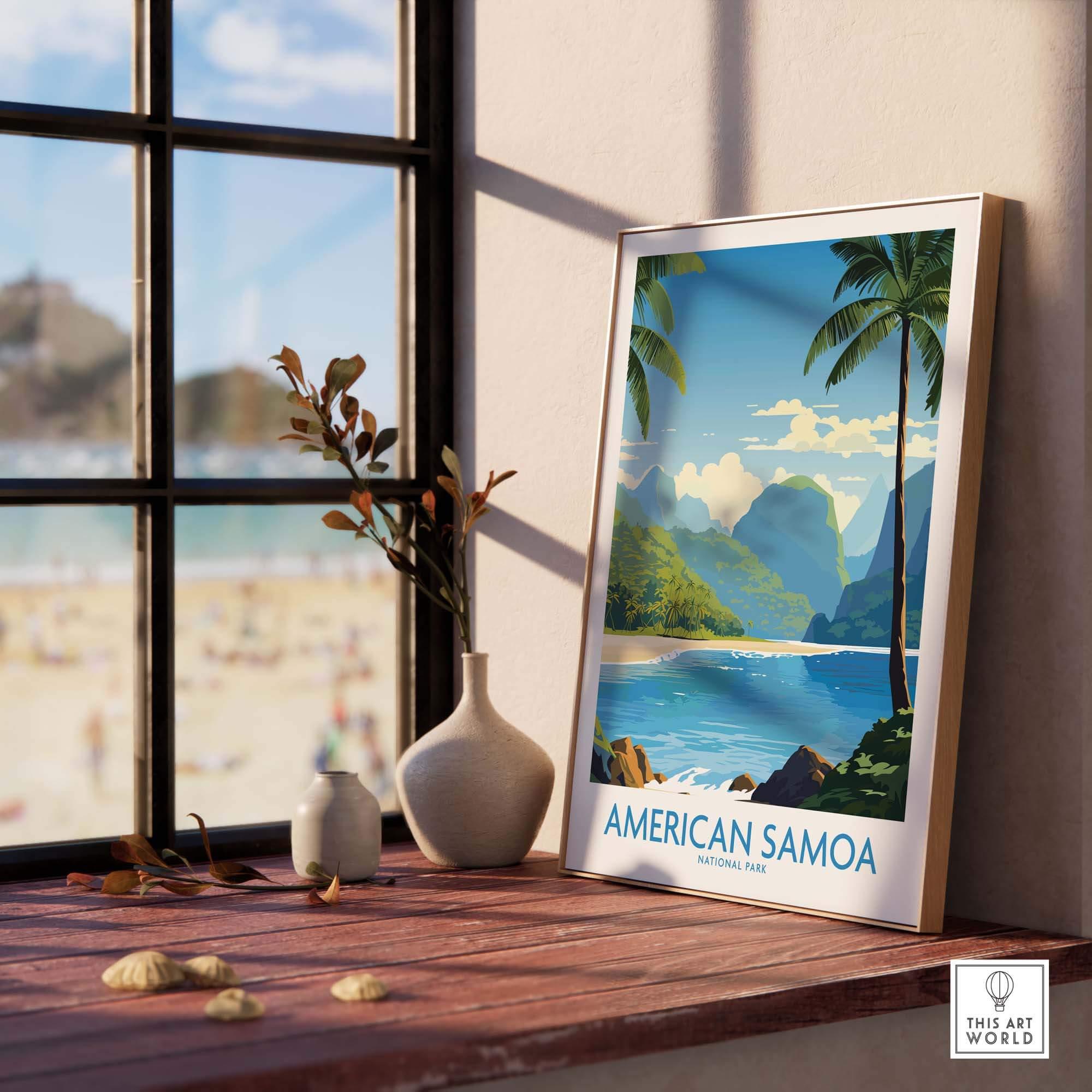 American Samoa National Park travel poster with tropical beach, palm trees, and mountains on a windowsill.