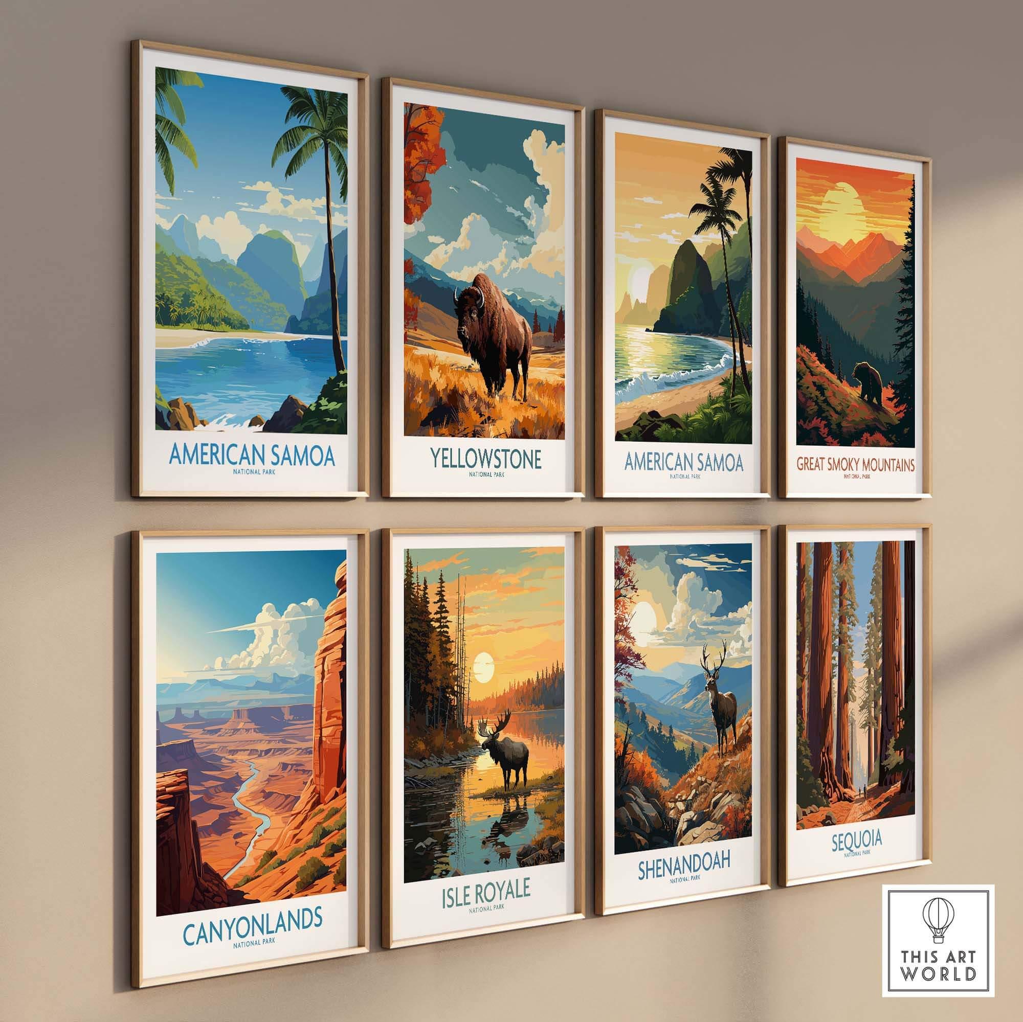 Gallery wall with colorful national park travel posters, featuring landscapes and wildlife.