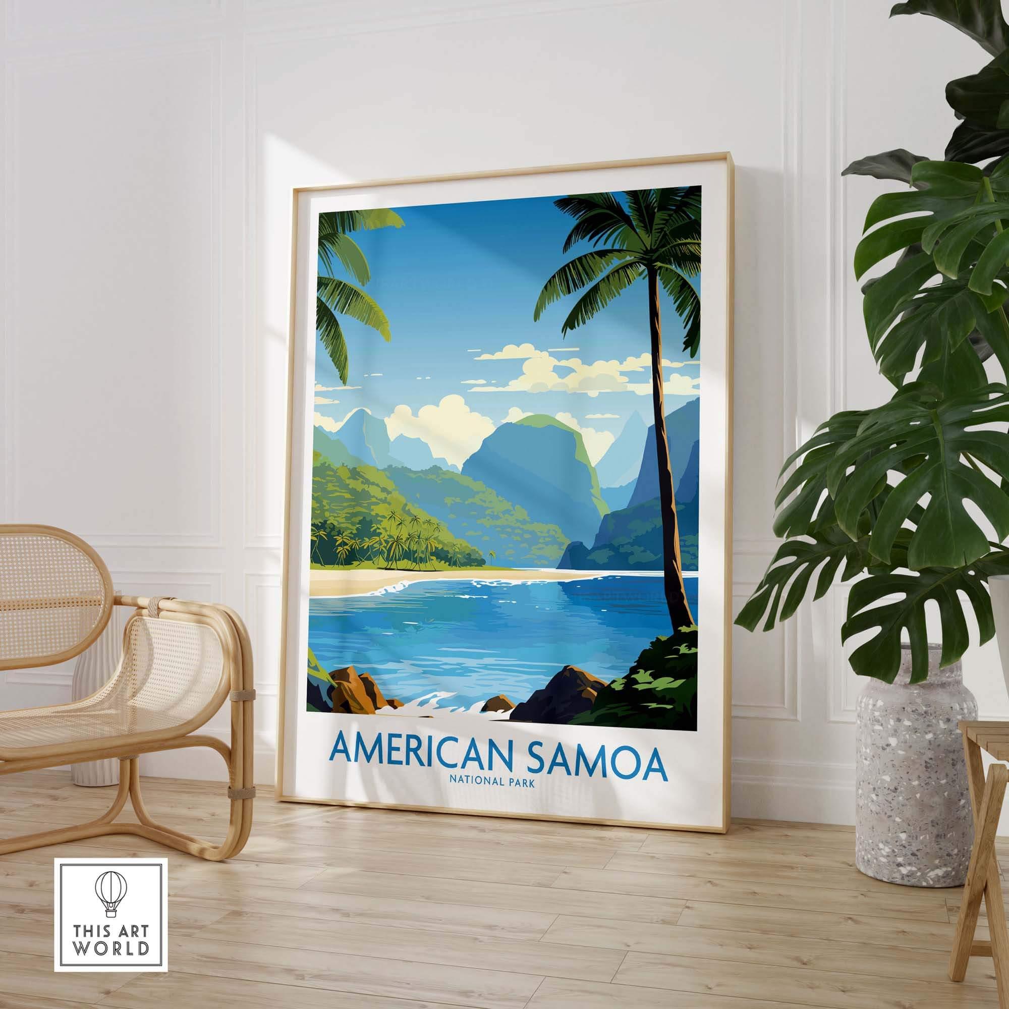 American Samoa National Park print poster with tropical beach, palm trees, and lush mountains.