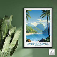 American Samoa National Park print featuring tropical beach, palm trees, and lush mountains.